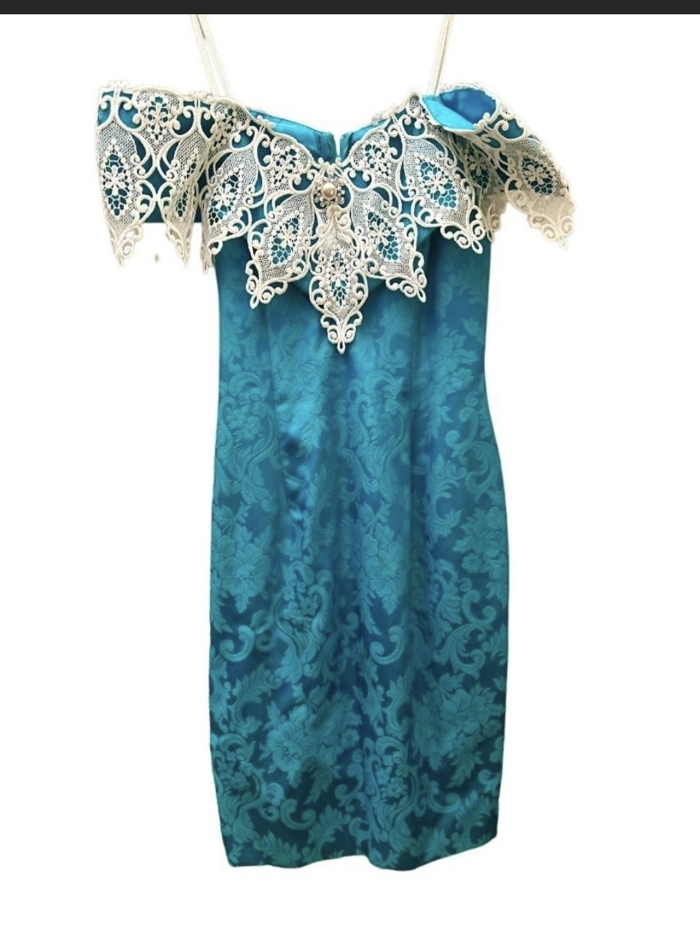 Scott McClintock Teal One-Shoulder Jacquard Dress with Cream Lace